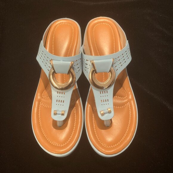 Size 8 Baby Blue and Tan Sole Sandal with Wedge - Picture 1 of 3